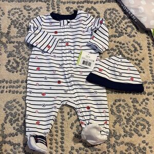 Little Me Navy and White Striped Footie with Hat